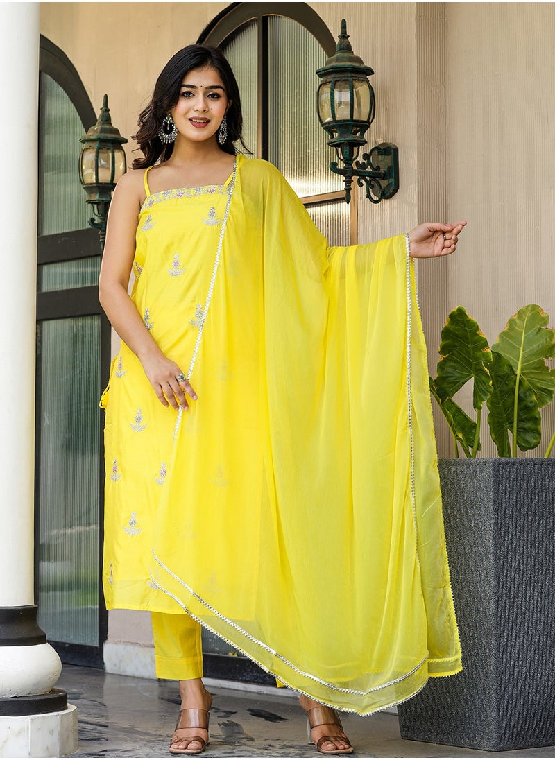 Yellow Silk Sleeveless Kurta Pant Set with Dupatta