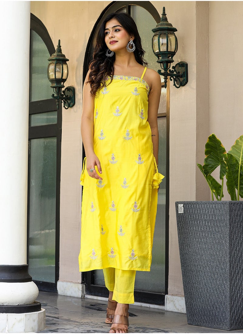 Yellow Silk Sleeveless Kurta Pant Set with Dupatta