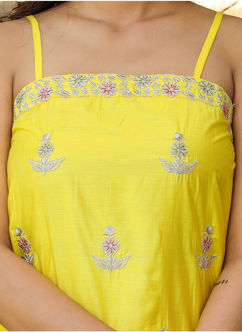 Yellow Silk Sleeveless Kurta Pant Set with Dupatta
