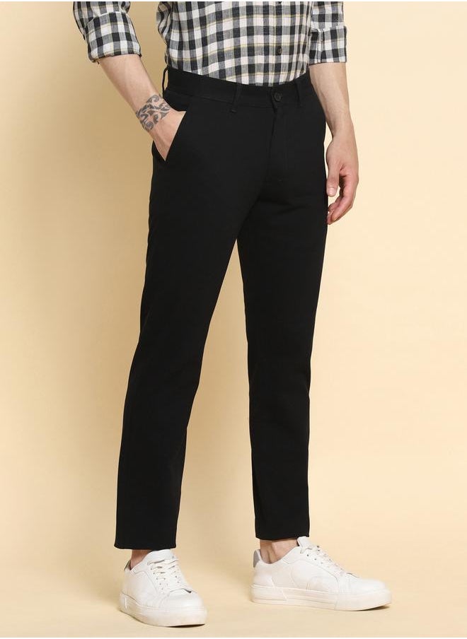 Black Slim Fit Solid Trouser for Men - 100% Cotton, Full Length, Button & Zip, Mid Rise, Casual