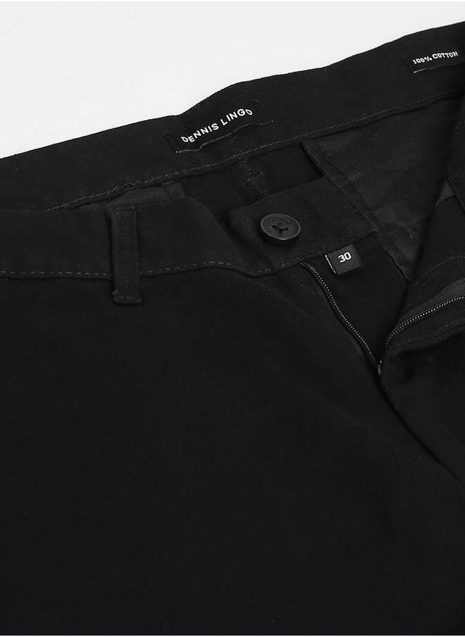 Black Slim Fit Solid Trouser for Men - 100% Cotton, Full Length, Button & Zip, Mid Rise, Casual