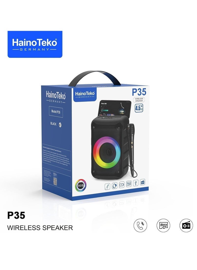 HainoTekoGermany P35 Portable Wireless Bluetooth Speaker with 1 Microphone for Indoor & Outdoor Use – 360° Sound, Deep Bass, Long Battery Life, Compact Design, Bluetooth 5.0 – Black