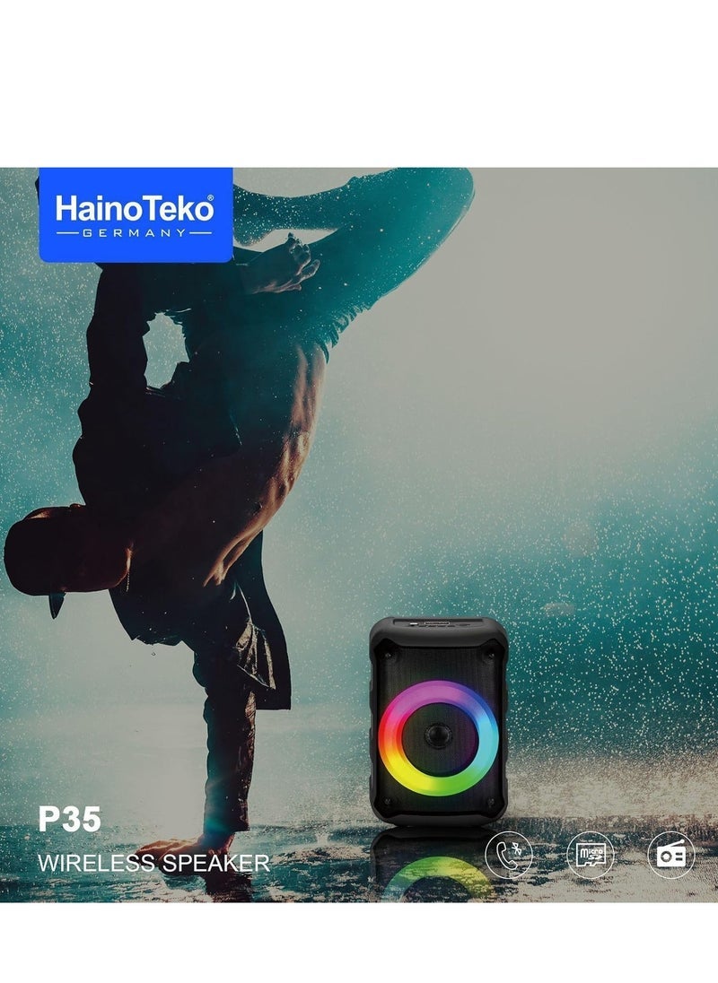HainoTekoGermany P35 Portable Wireless Bluetooth Speaker with 1 Microphone for Indoor & Outdoor Use – 360° Sound, Deep Bass, Long Battery Life, Compact Design, Bluetooth 5.0 – Black