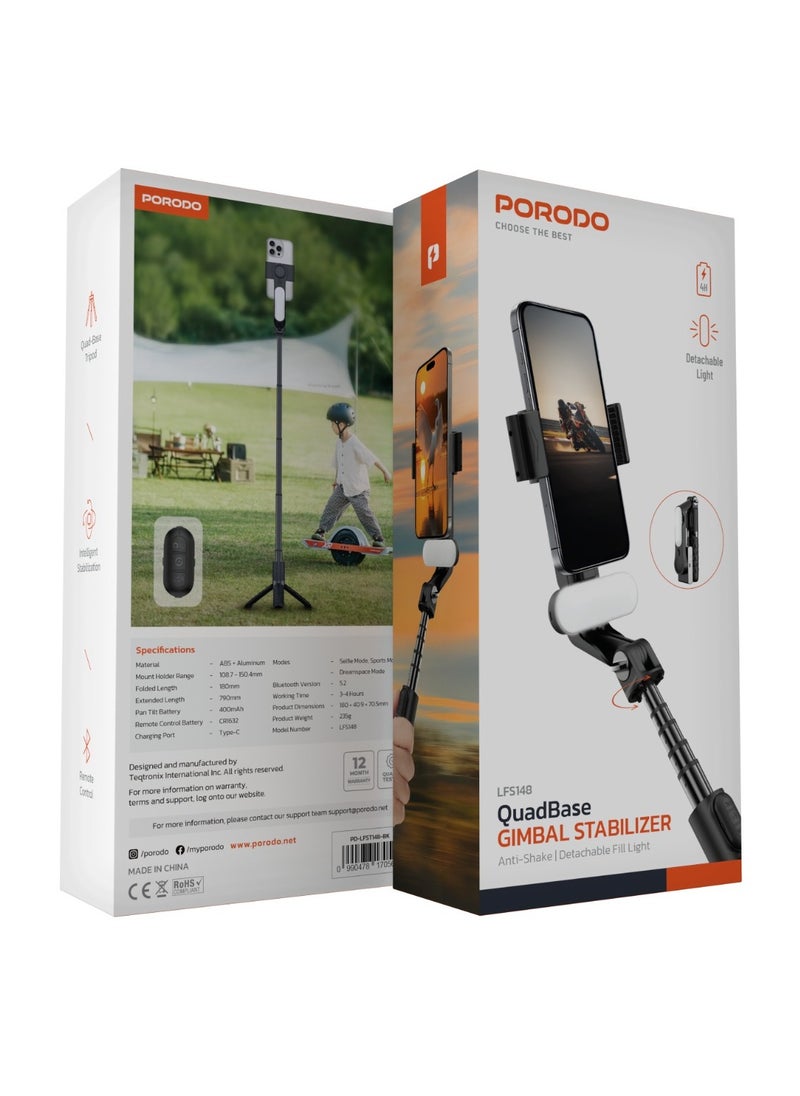 QuadBase Gimbal Stabilizer Tripod with Detachable Light & Multi Modes / Remote Control Included / 400 mAh Rechargeable Battery / Intelligent Stabilization / 5.2 Bluetooth Version / 4 Hours Working Time - Black