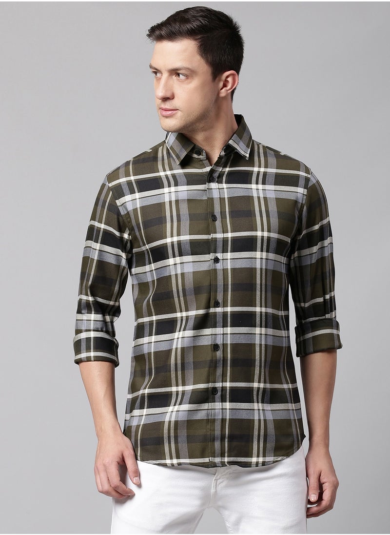 Slim Fit Green Men's Checkered Shirt, Spread Collar, Full Sleeves, 100% Cotton,