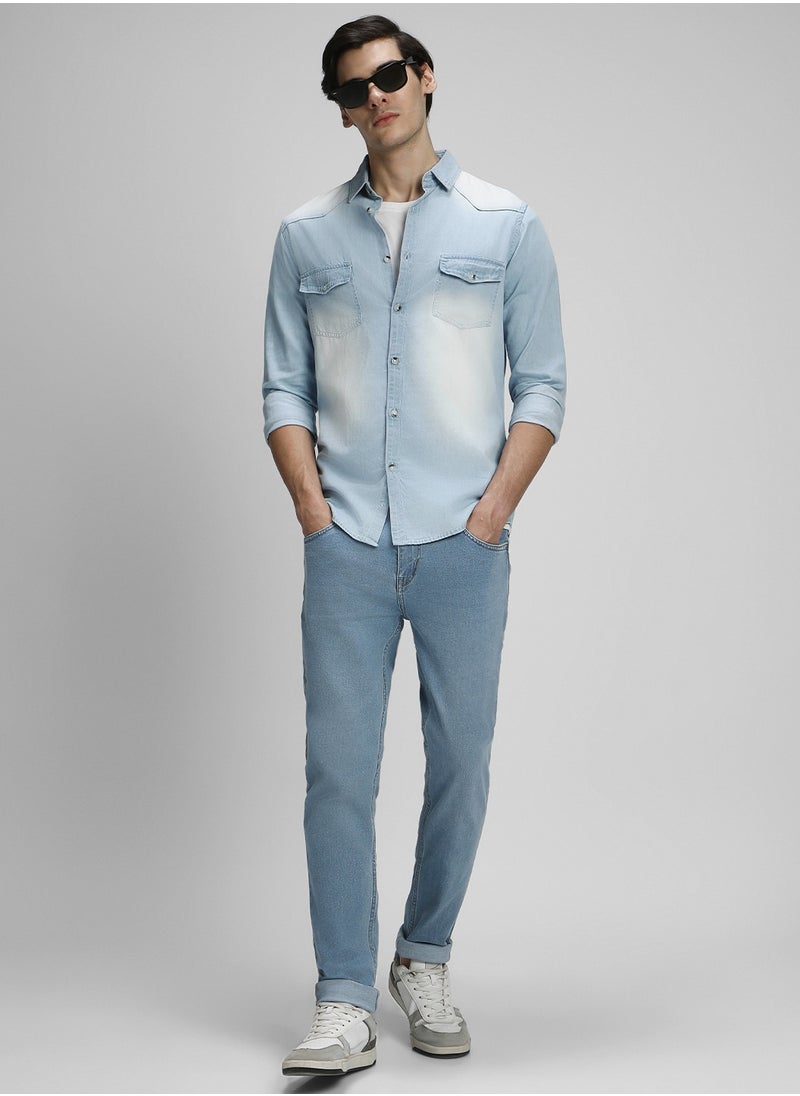Slim Fit Light Blue Men's Solid Shirt, Spread Collar, Full Sleeves, 100% Cotton,