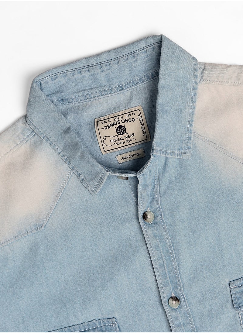 Slim Fit Light Blue Men's Solid Shirt, Spread Collar, Full Sleeves, 100% Cotton,