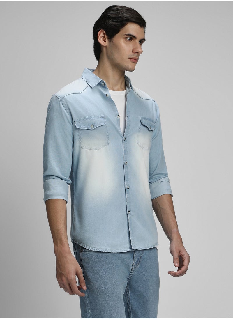 Slim Fit Light Blue Men's Solid Shirt, Spread Collar, Full Sleeves, 100% Cotton,