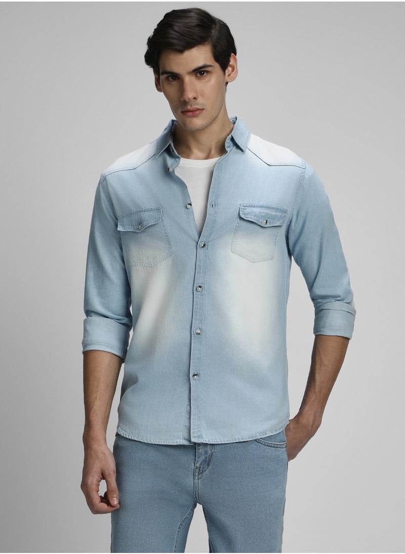 Slim Fit Light Blue Men's Solid Shirt, Spread Collar, Full Sleeves, 100% Cotton,