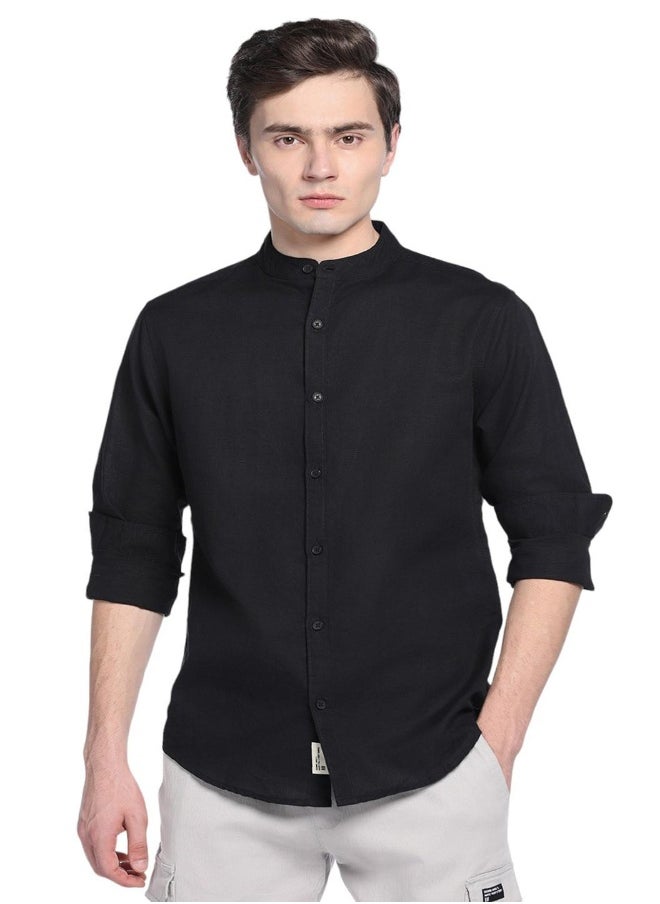 Black Slim Fit Mandarin Collar Shirt for Men - Cotton, Solid, Full Sleeves, Casual