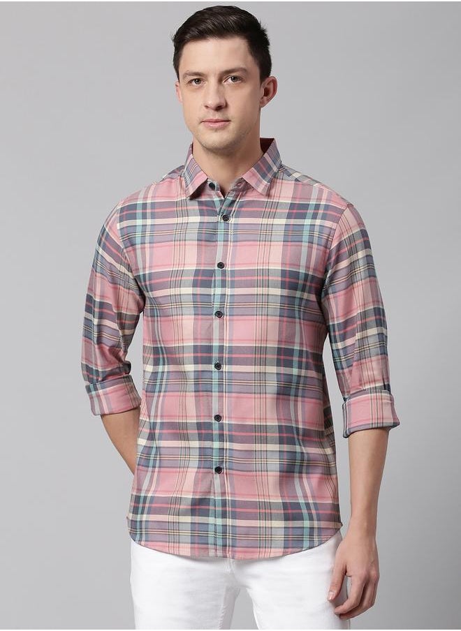 Slim Fit Pink Men's Checkered Shirt, Spread Collar, Full Sleeves, 100% Cotton,