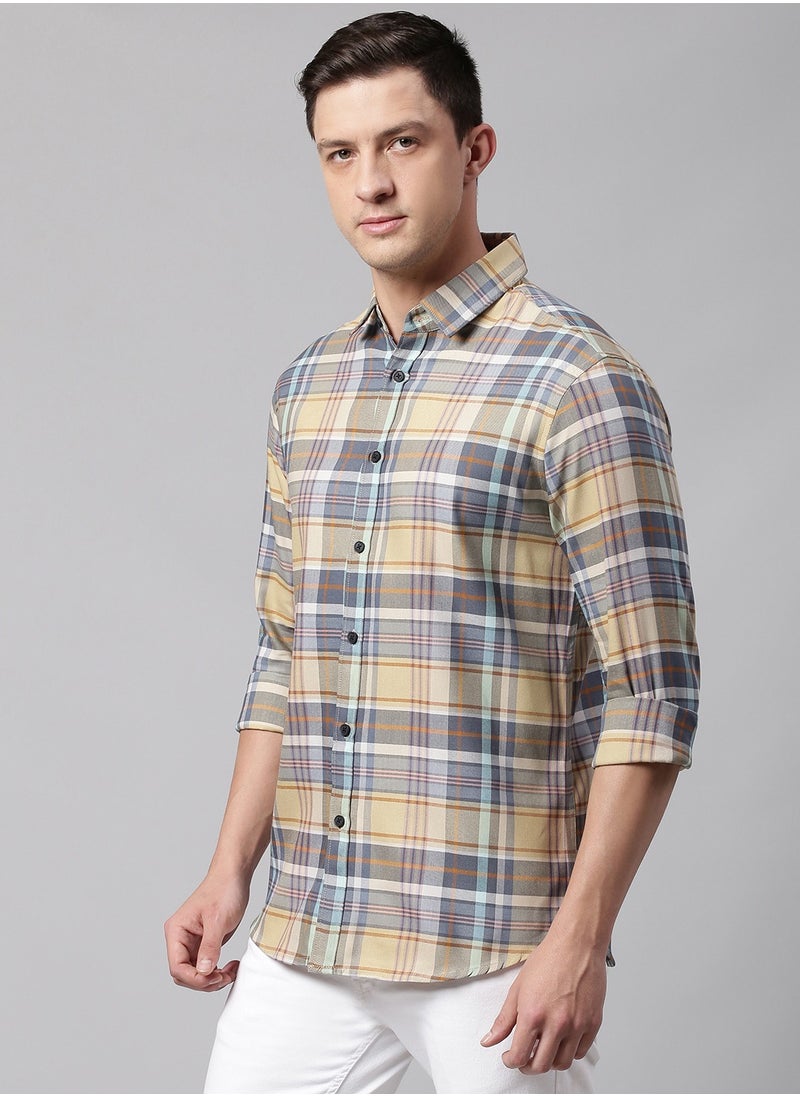 Slim Fit Orange Men's Checkered Shirt, Spread Collar, Full Sleeves, 100% Cotton,