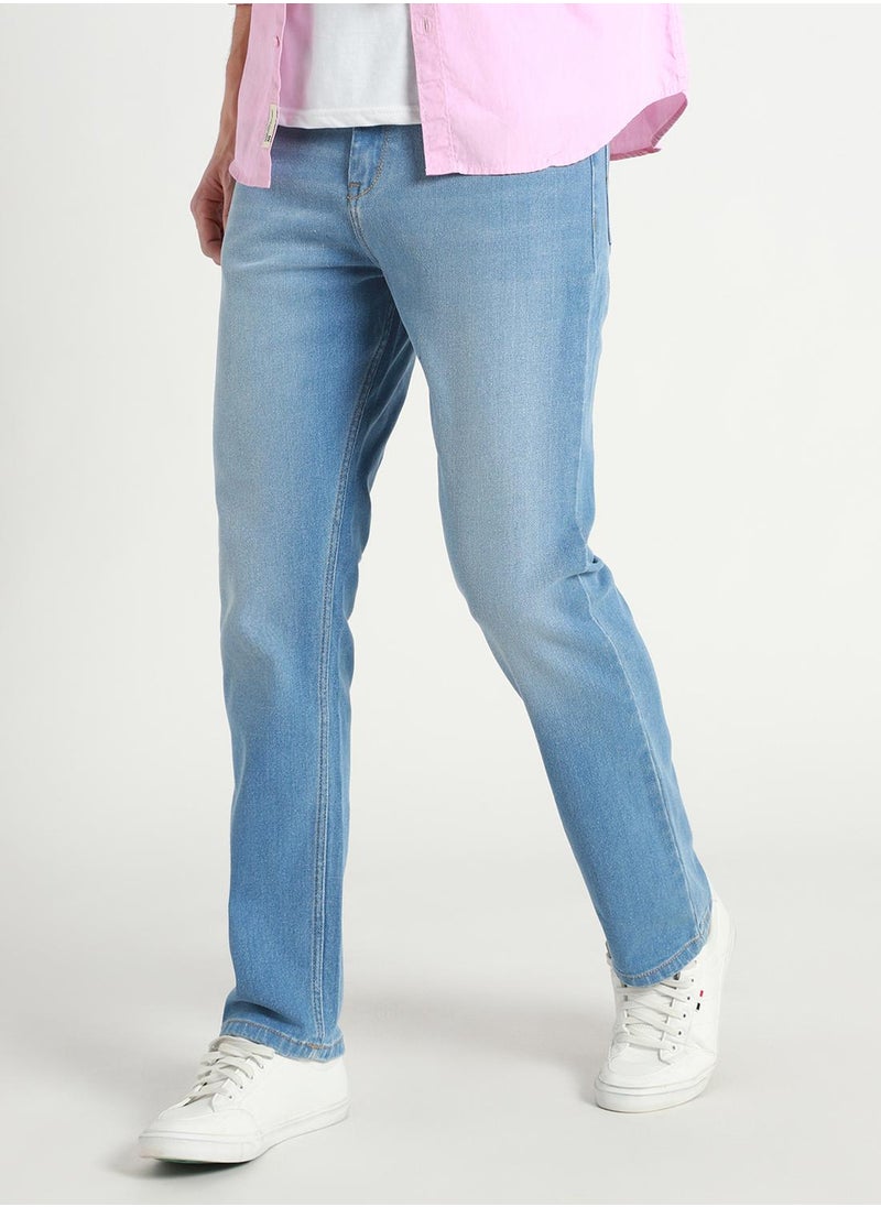 Straight Fit Light Blue Men's Jeans with Button & Zip Closure (Denim)