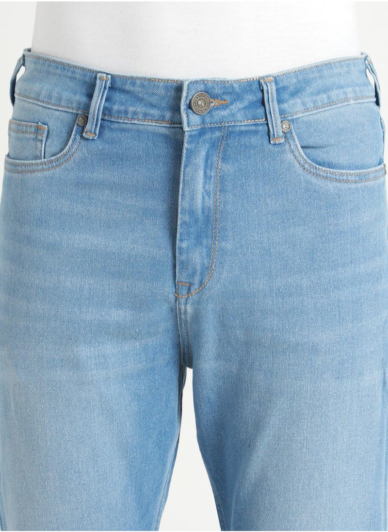 Straight Fit Light Blue Men's Jeans with Button & Zip Closure (Denim)