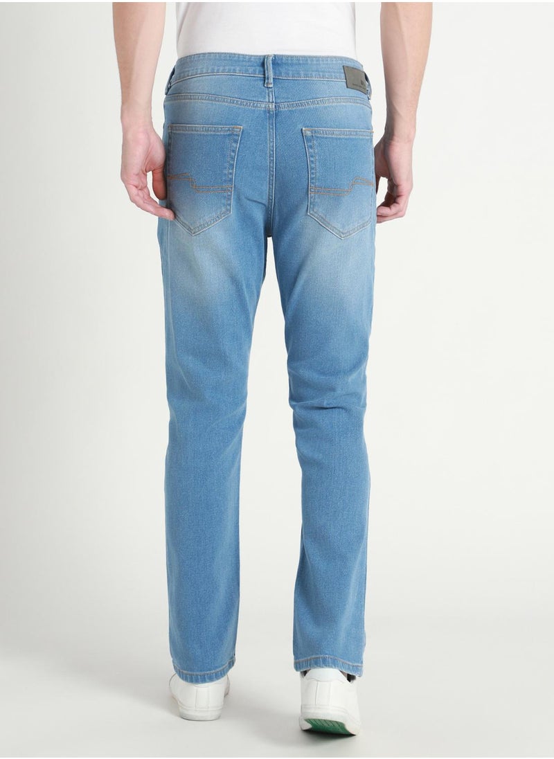 Straight Fit Light Blue Men's Jeans with Button & Zip Closure (Denim)