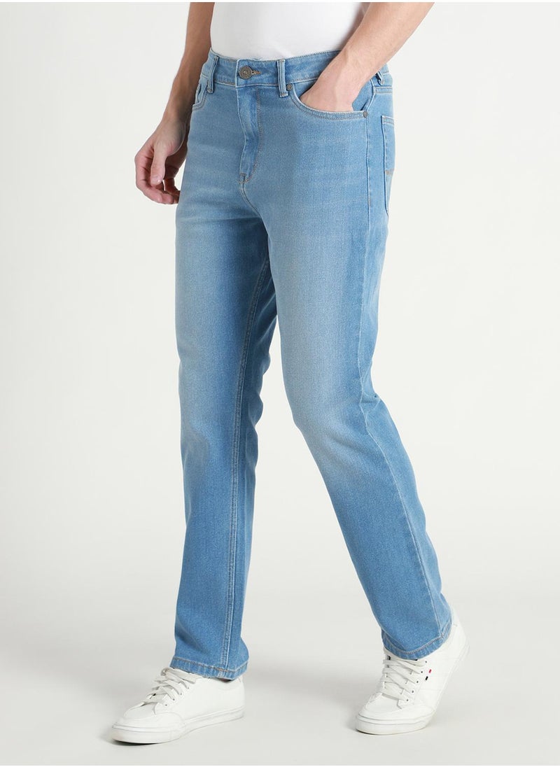Straight Fit Light Blue Men's Jeans with Button & Zip Closure (Denim)