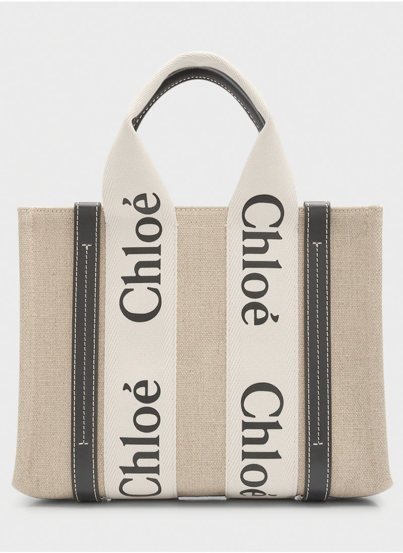 Chloe Woody Small Women Tote Bag in Linen, Women Shoulder Bag, Women Hand Bag, Women's Travel Bag, Women's Shopping Bag, White-Black