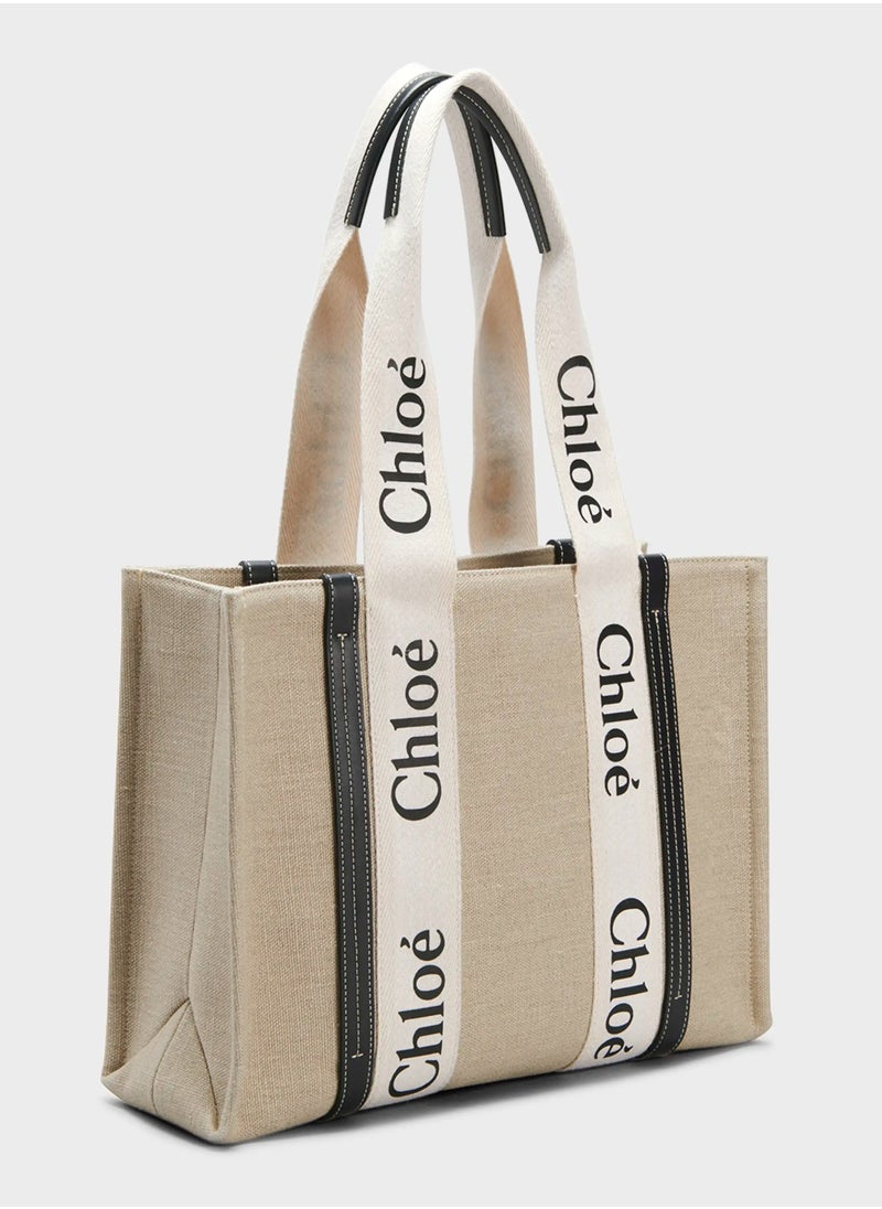 Chloe Woody Medium Women Tote Bag in Linen, Women Shoulder Bag, Women Hand Bag, Women's Travel Bag, Women's Shopping Bag, White-Black