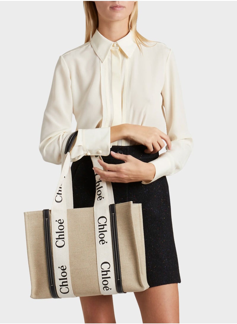 Chloe Woody Medium Women Tote Bag in Linen, Women Shoulder Bag, Women Hand Bag, Women's Travel Bag, Women's Shopping Bag, White-Black