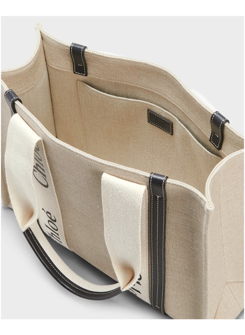 Chloe Woody Medium Women Tote Bag in Linen, Women Shoulder Bag, Women Hand Bag, Women's Travel Bag, Women's Shopping Bag, White-Black