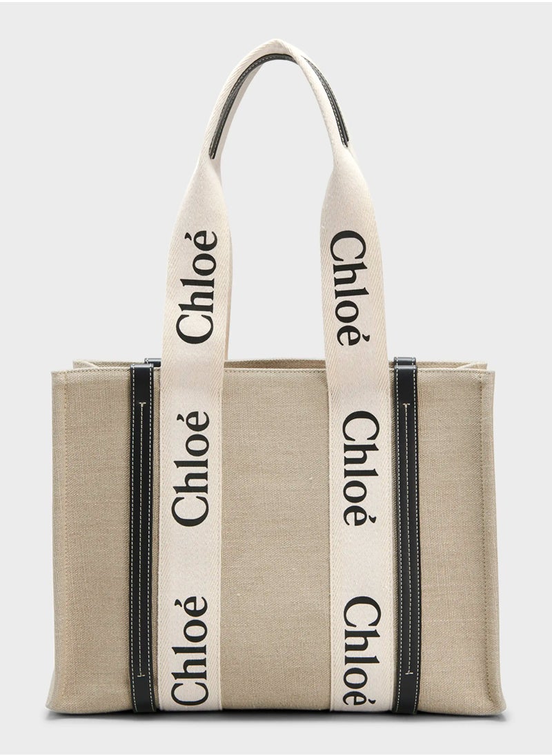 Chloe Woody Medium Women Tote Bag in Linen, Women Shoulder Bag, Women Hand Bag, Women's Travel Bag, Women's Shopping Bag, White-Black