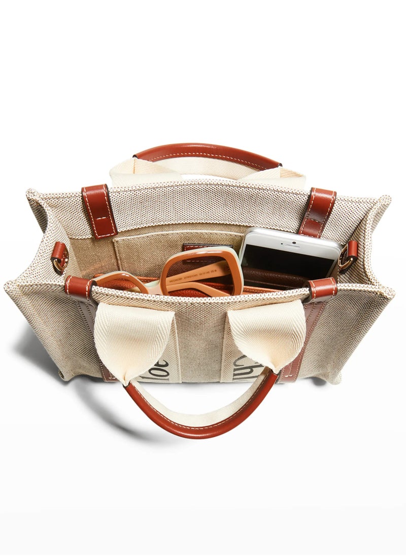 Chloe Woody Small Women Tote Bag in Linen, Women Shoulder Bag, Women Hand Bag, Women's Travel Bag, Women's Shopping Bag, White-Brown