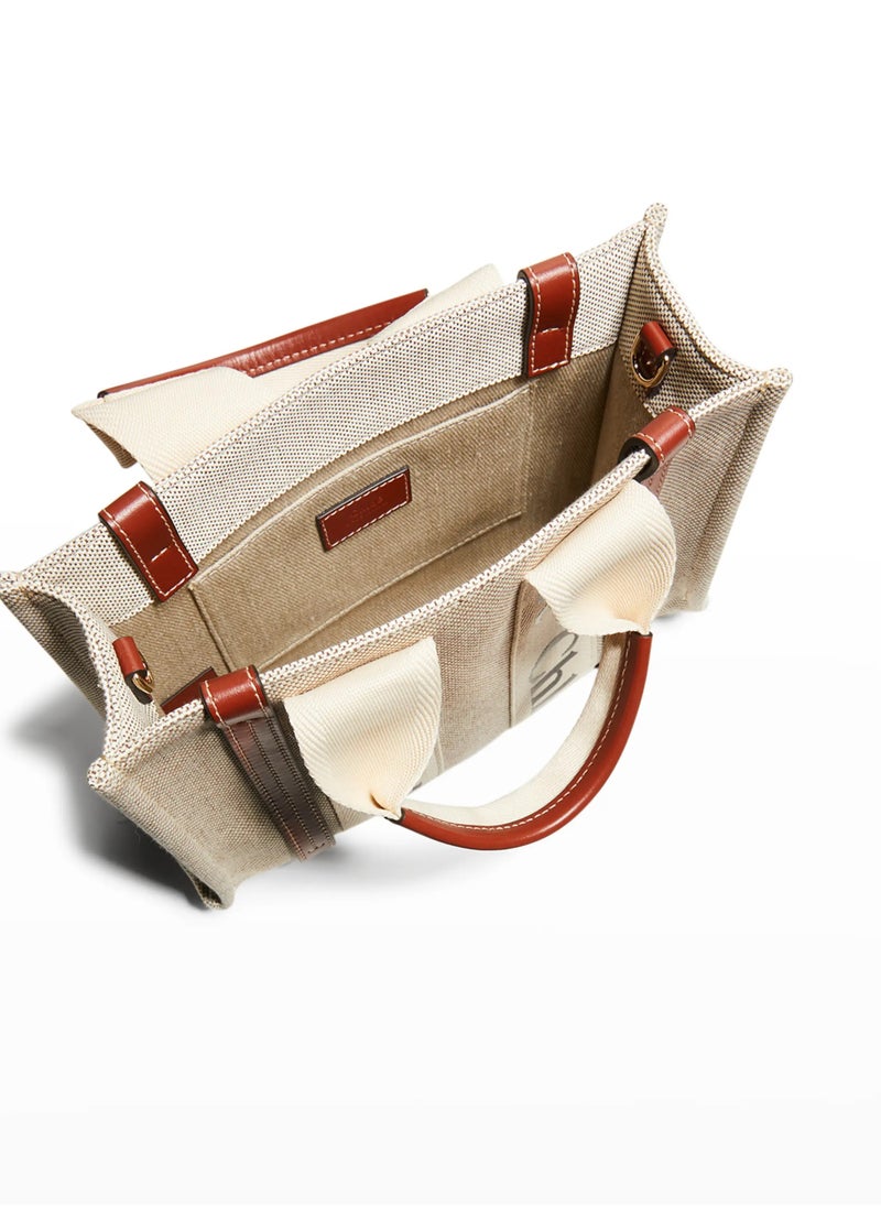 Chloe Woody Small Women Tote Bag in Linen, Women Shoulder Bag, Women Hand Bag, Women's Travel Bag, Women's Shopping Bag, White-Brown