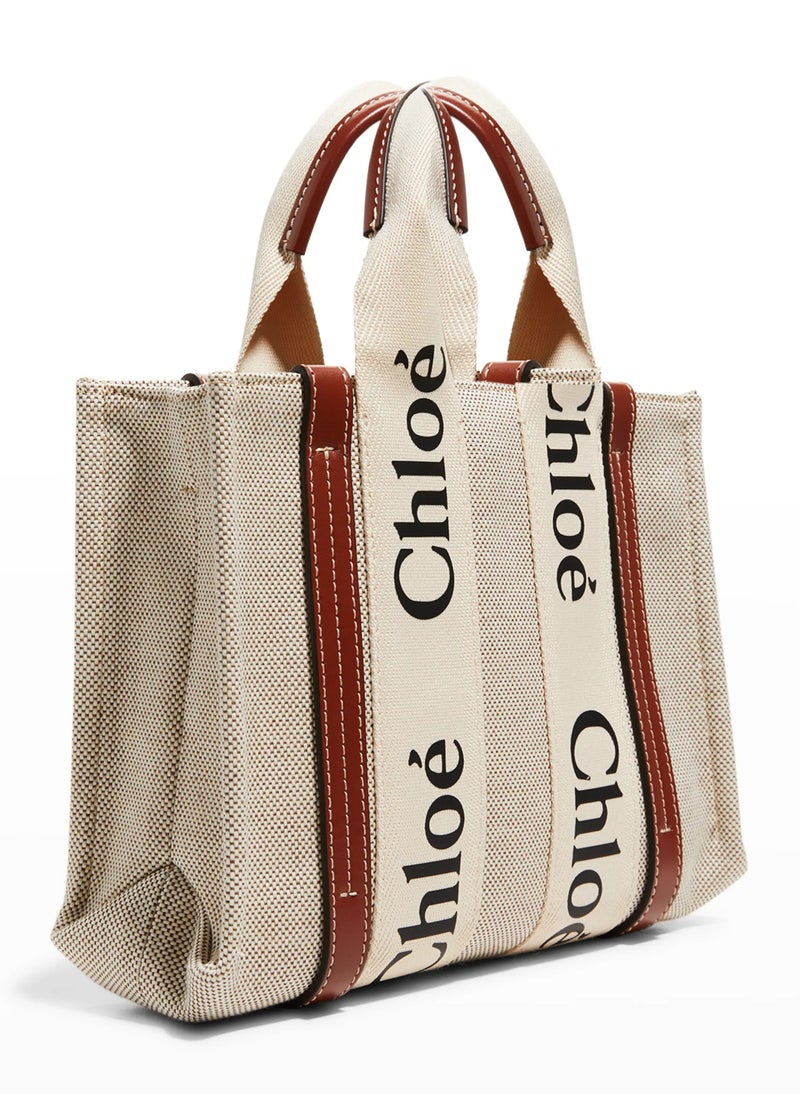 Chloe Woody Small Women Tote Bag in Linen, Women Shoulder Bag, Women Hand Bag, Women's Travel Bag, Women's Shopping Bag, White-Brown