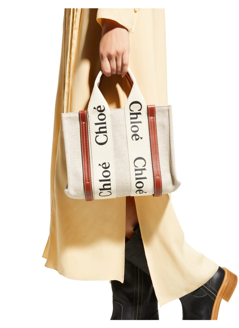 Chloe Woody Small Women Tote Bag in Linen, Women Shoulder Bag, Women Hand Bag, Women's Travel Bag, Women's Shopping Bag, White-Brown