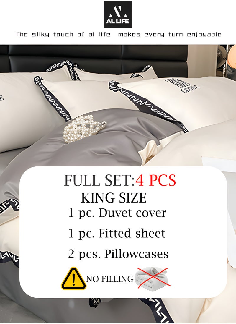 AI LIFE Washed Silk 4-Piece King Size Set- 1×Cover set 220×240cm, 1× Bedsheet 245×265cm, 2×Pillowcases 48×74cm Without Filling-Durable, Fade Resistant For All Season.