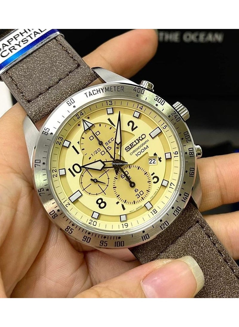 Seiko Criteria SNDH43P1 Men's Chronograph Watch, Beige Dial, Brown Leather Strap, Sapphire Crystal, 100M Water Resistant