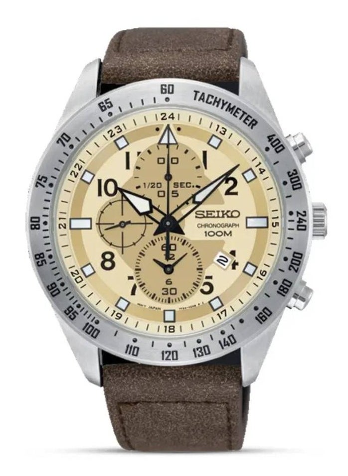 Seiko Criteria SNDH43P1 Men's Chronograph Watch, Beige Dial, Brown Leather Strap, Sapphire Crystal, 100M Water Resistant