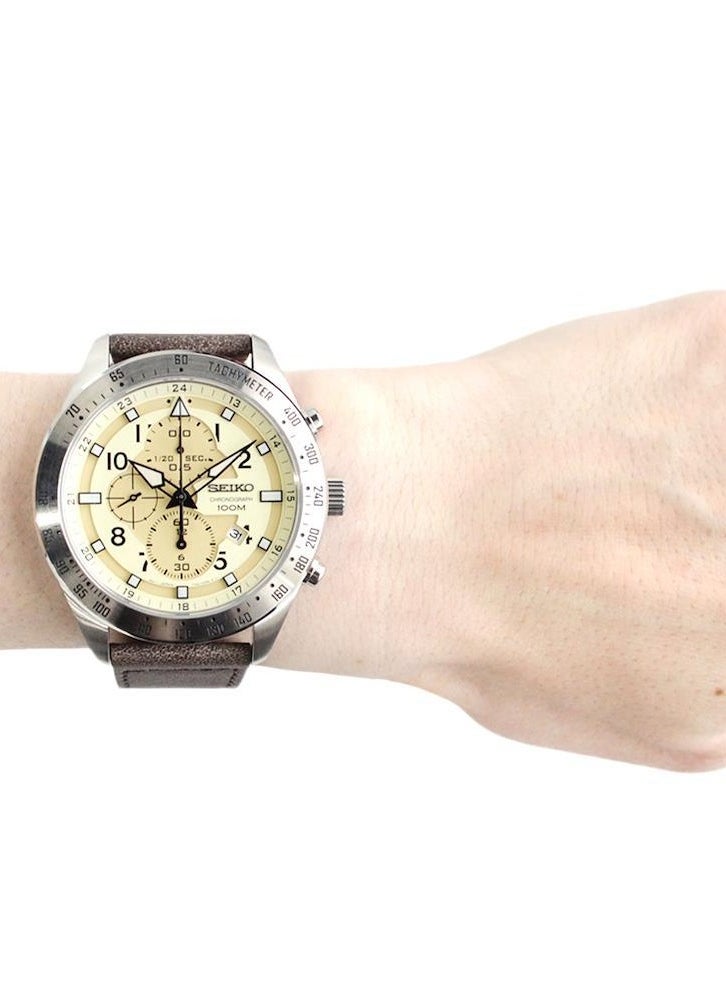 Seiko Criteria SNDH43P1 Men's Chronograph Watch, Beige Dial, Brown Leather Strap, Sapphire Crystal, 100M Water Resistant