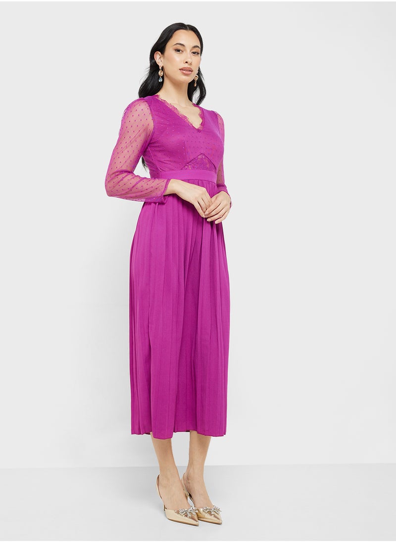 Pleated Long Sleeve Dress