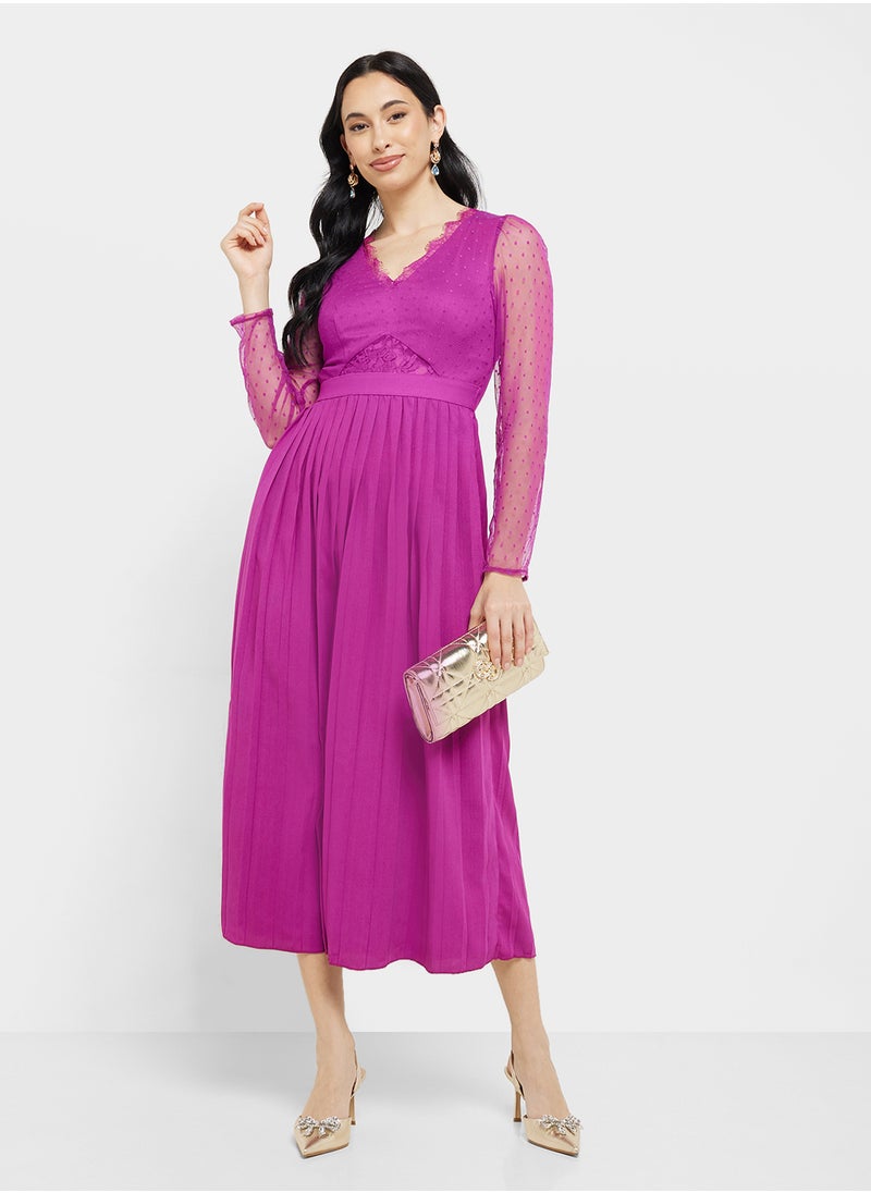 Pleated Long Sleeve Dress