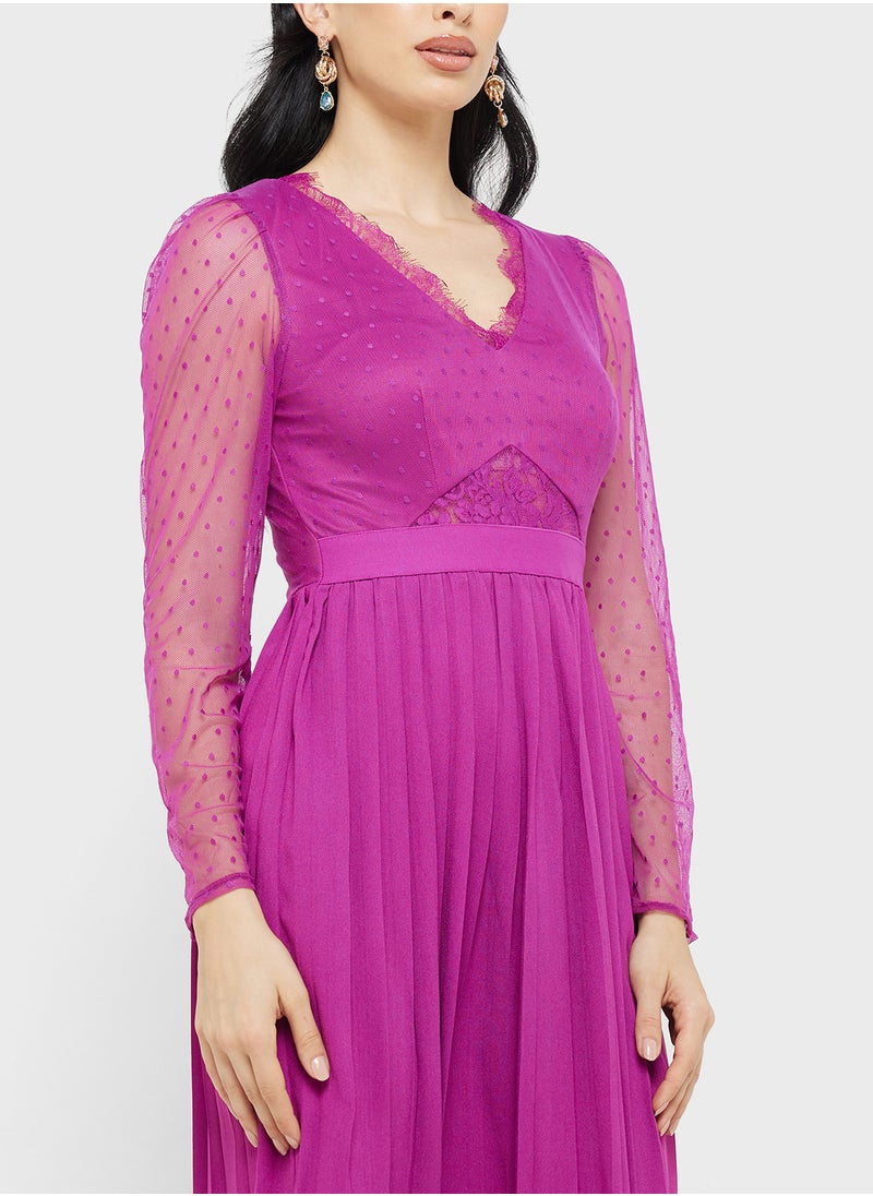 Pleated Long Sleeve Dress