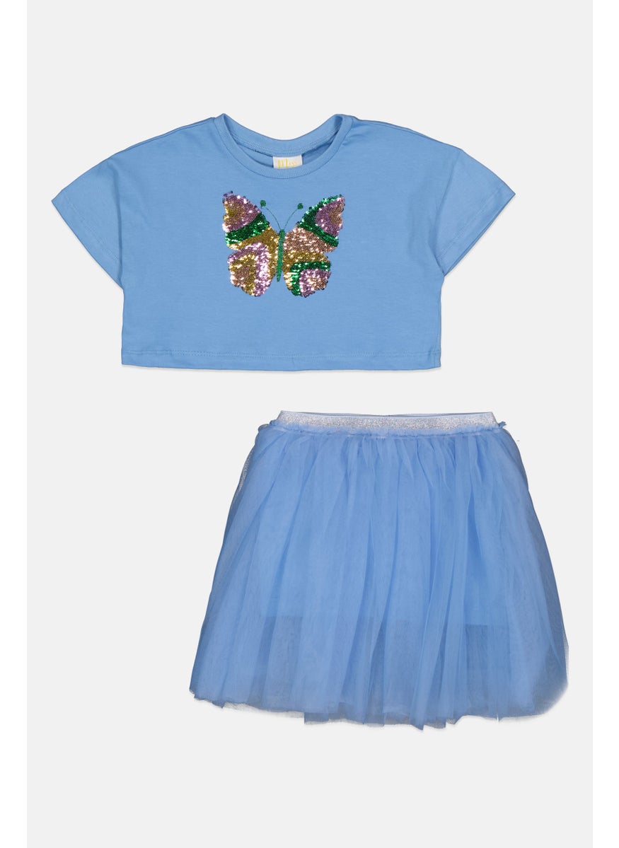 Kids Girl 2 Pieces Sequin T-Shirt and Skirt Set, Blue