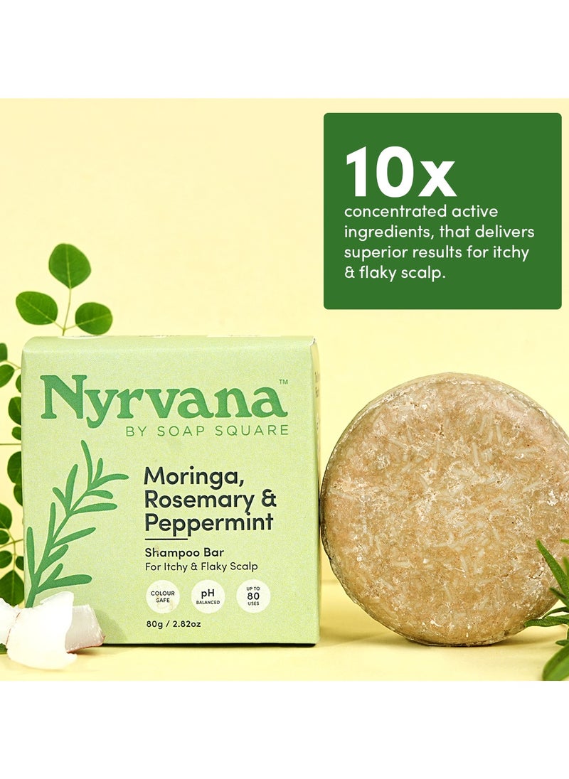 Nyrvana Moringa, Rosemary & Peppermint Shampoo Bar for Itchy & Flaky Scalp | Anti-Dandruff l For Men & Women l All Natural | Vegan, Paraben Sulfate & Cruelty Free Bar l Colour Safe l pH Balanced l Zero Waste l 80gm