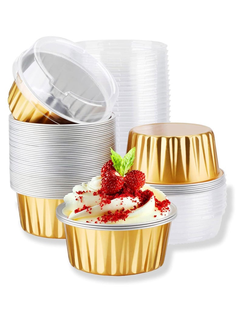 50pcs 5oz Mini Aluminum Pans with Lids Foil Cups Dessert Cups for Cheesecakes and More(Gold)