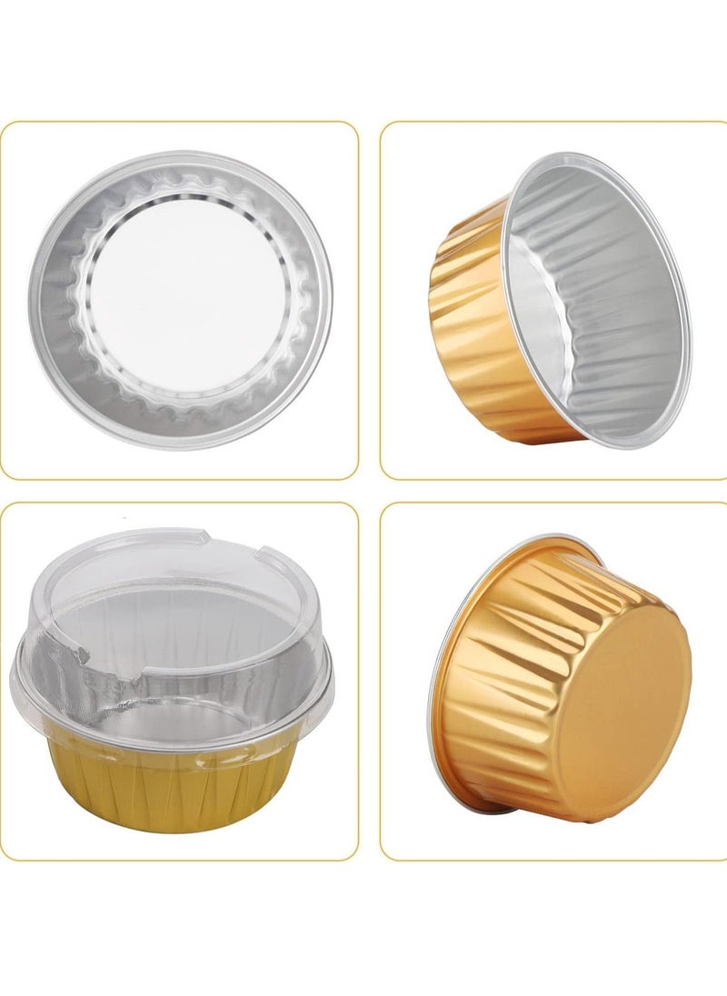 50pcs 5oz Mini Aluminum Pans with Lids Foil Cups Dessert Cups for Cheesecakes and More(Gold)