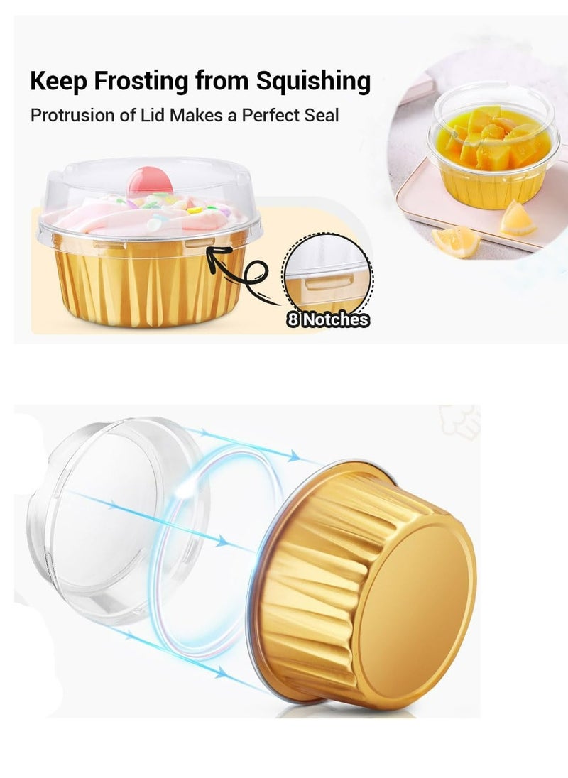 50pcs 5oz Mini Aluminum Pans with Lids Foil Cups Dessert Cups for Cheesecakes and More(Gold)