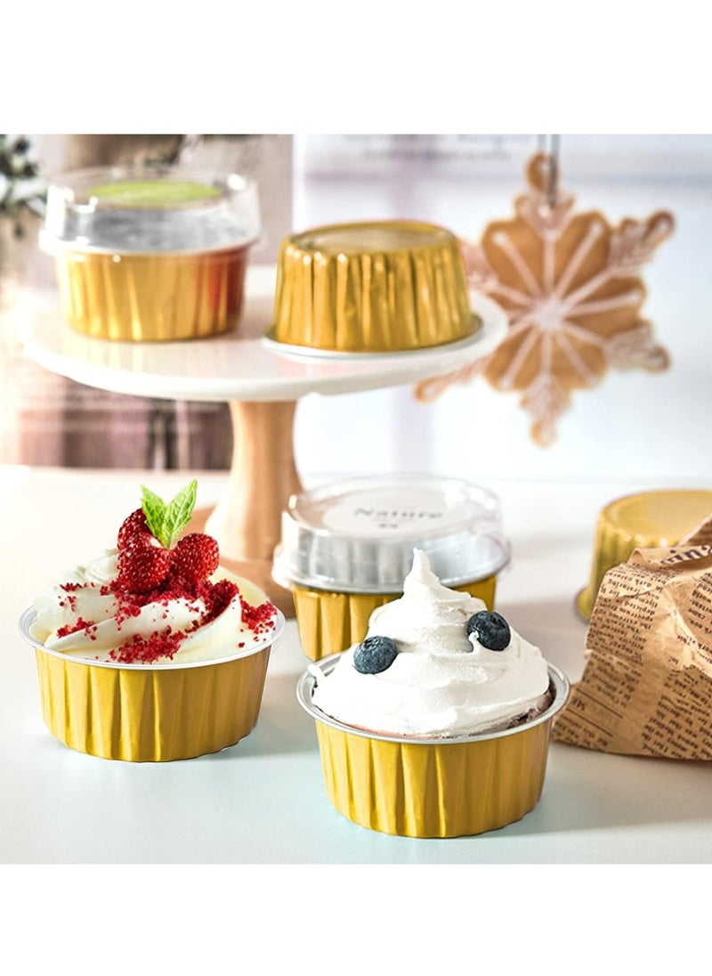 50pcs 5oz Mini Aluminum Pans with Lids Foil Cups Dessert Cups for Cheesecakes and More(Gold)