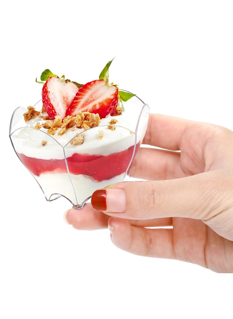 100 Pack Mini Dessert Cups with Spoons, 2.5oz Clear Small Serving Bowl for Party Desserts (Flower Shape)