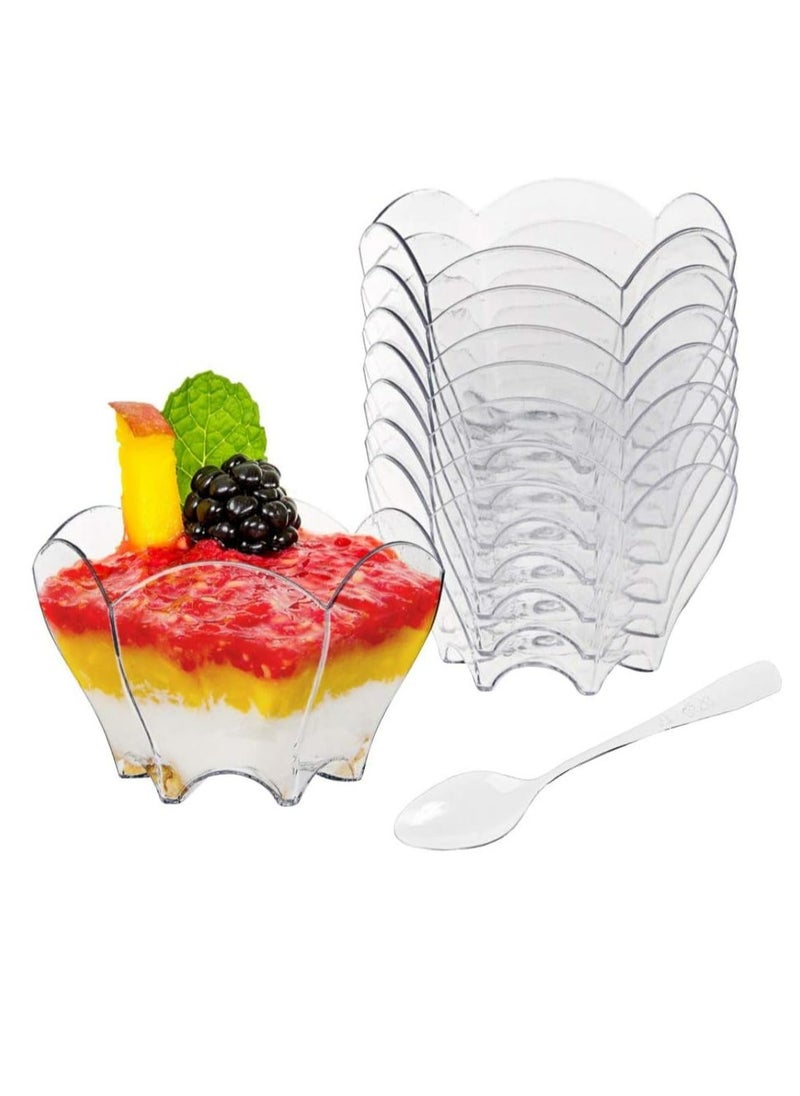 100 Pack Mini Dessert Cups with Spoons, 2.5oz Clear Small Serving Bowl for Party Desserts (Flower Shape)