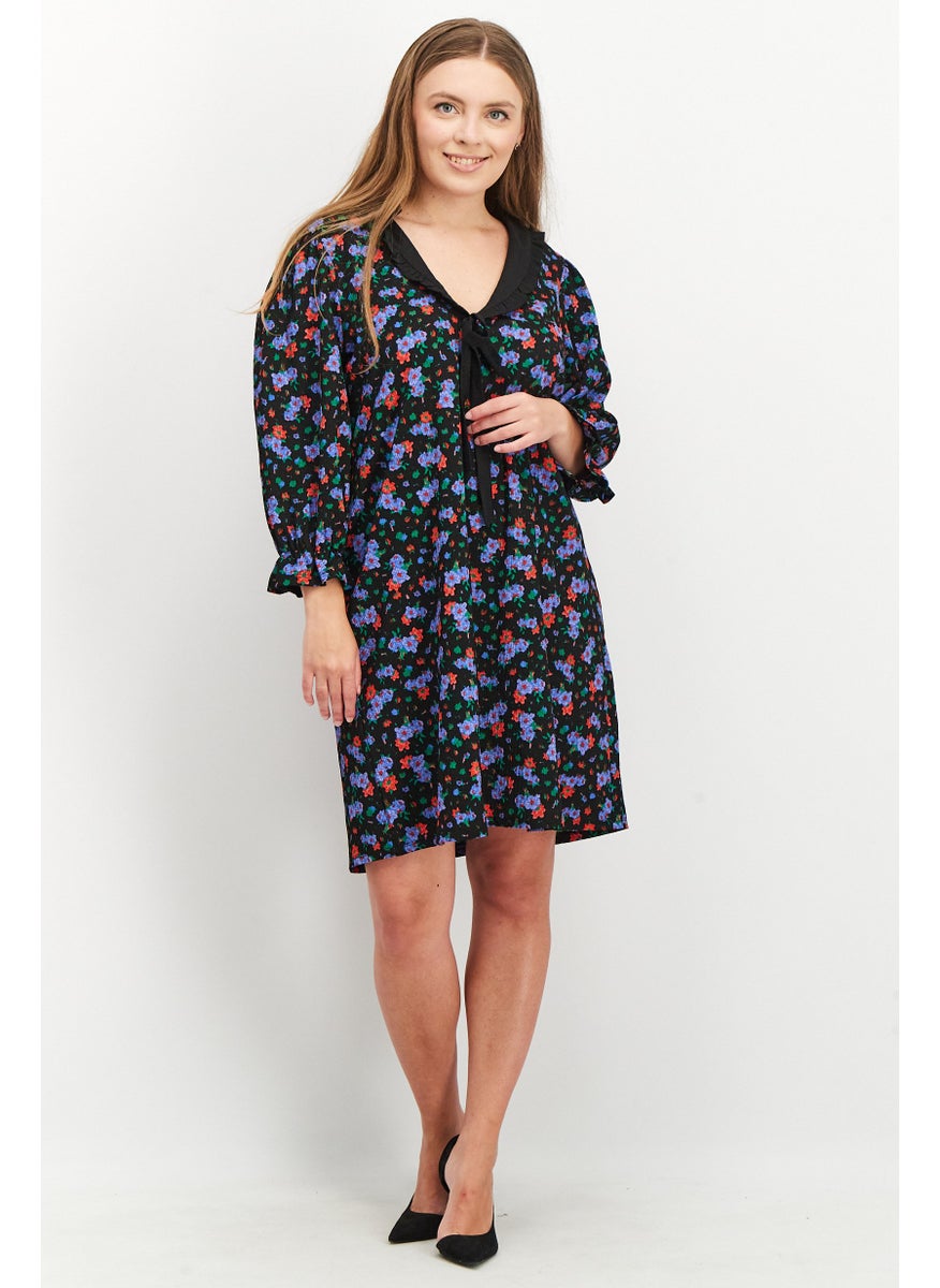 Women Floral Print Mini Dress, Black