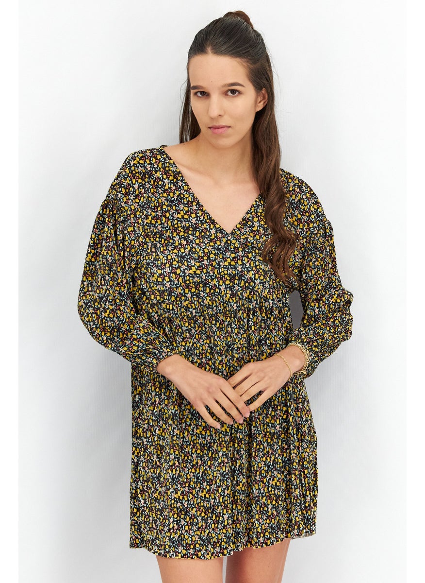 Women V-Neckline Balloon Sleeve Mini Dress, Black Combo