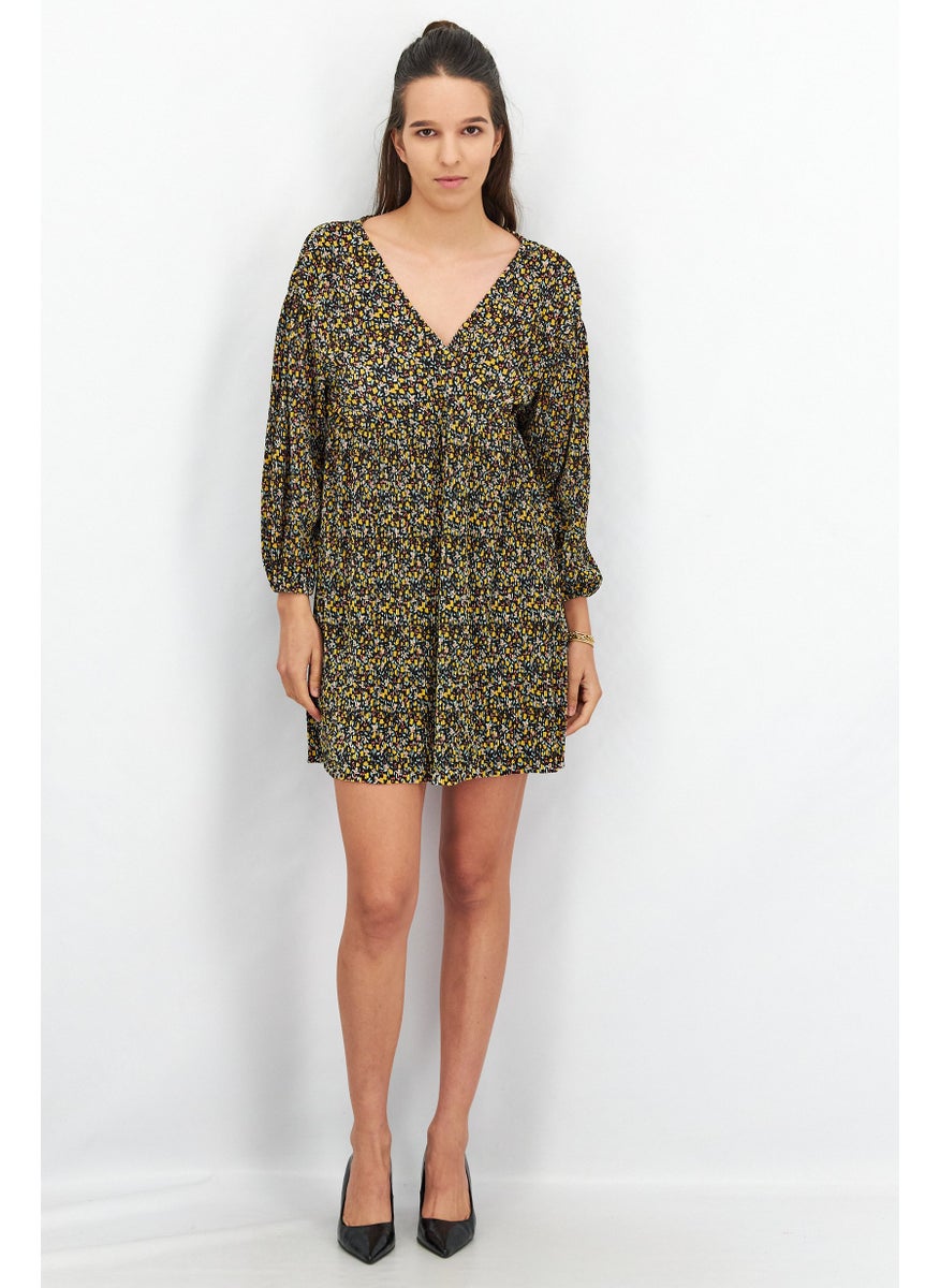 Women V-Neckline Balloon Sleeve Mini Dress, Black Combo
