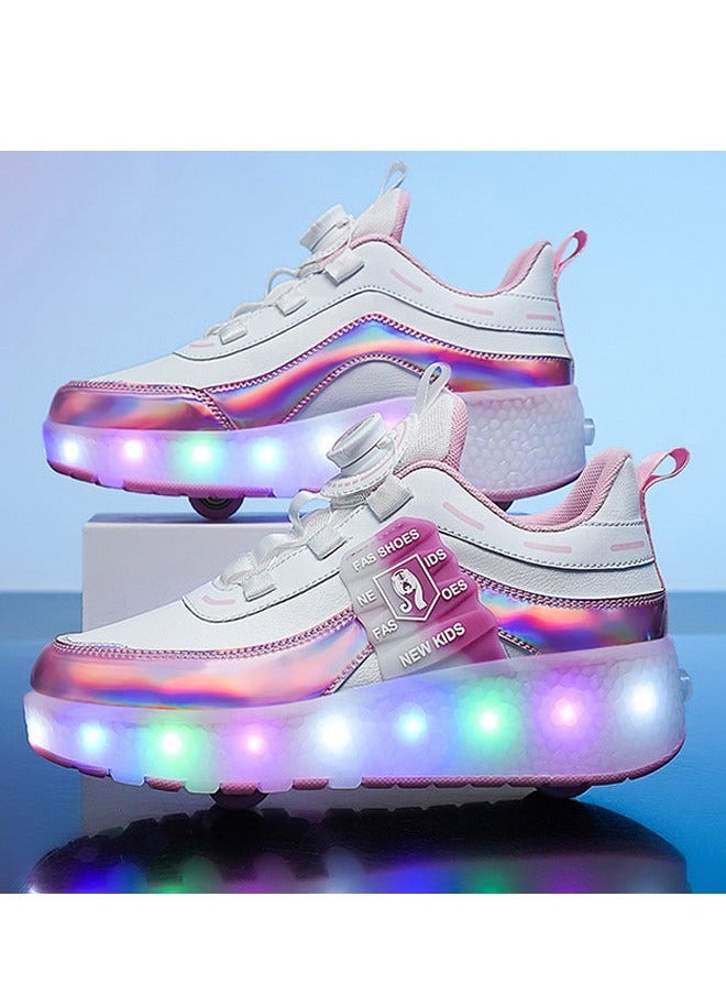 LED Two-wheel Flash Stylish Shiny Sneaker Skates with Wheels and Lightning Soles for Easy Swivel Buckle Kids Shoes