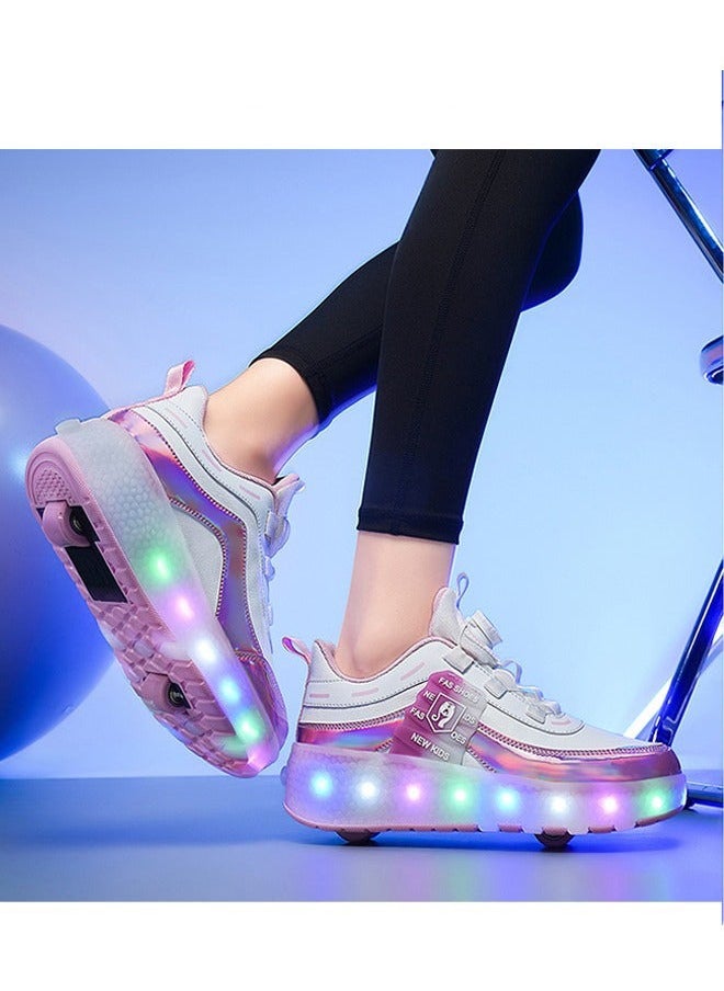 LED Two-wheel Flash Stylish Shiny Sneaker Skates with Wheels and Lightning Soles for Easy Swivel Buckle Kids Shoes