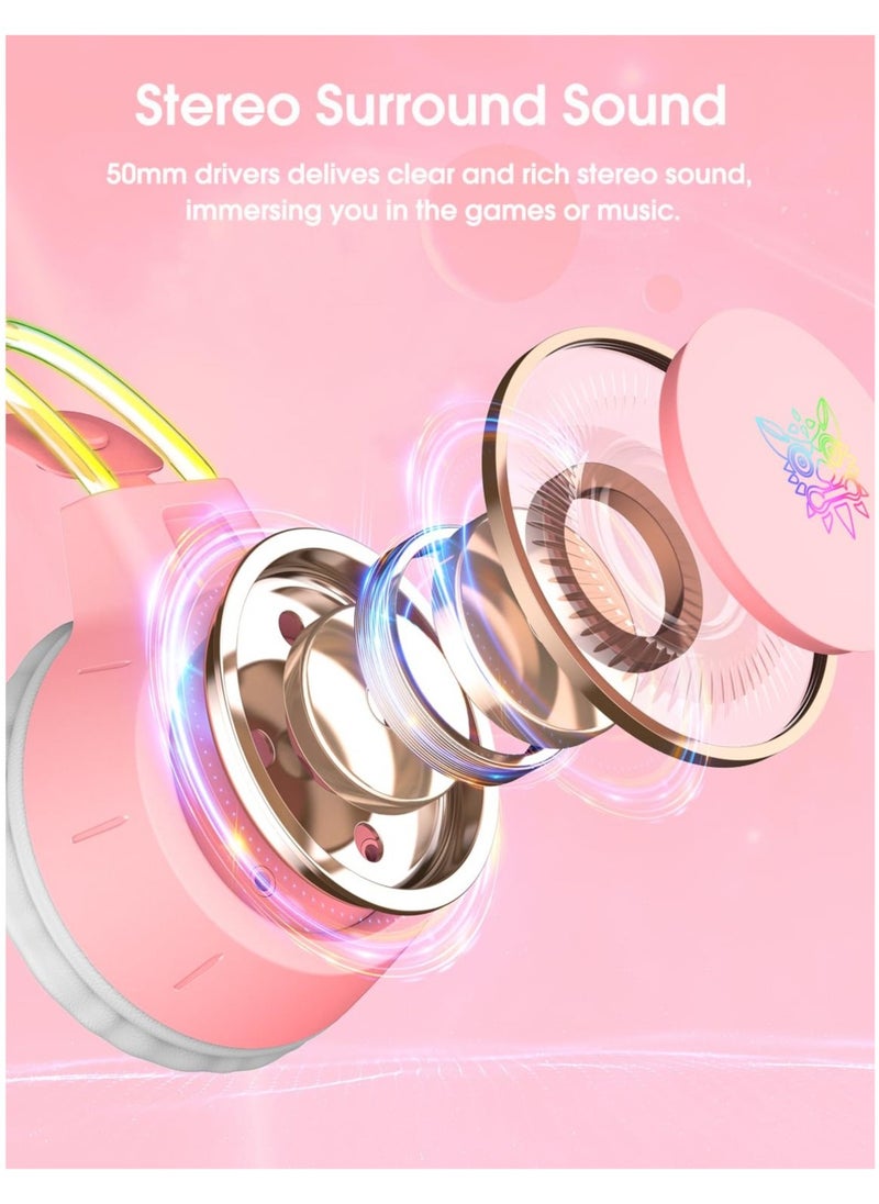 Gaming Headset with Detachable Cat Ears, RGB Lighting, Wired Over Ear Headphones with Mic for PC, PS4, PS5, Xbox, Switch, Stereo Surround Sound, Self-Adjusting Headband